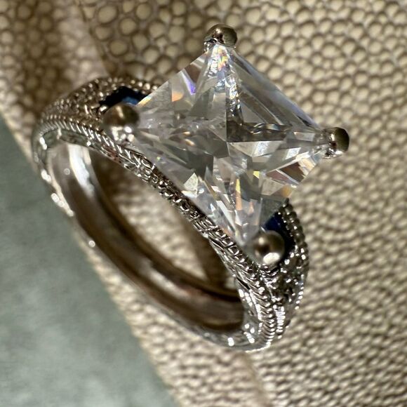 Large Princess Cut CZ Ring with Blue Accent Stones – Size 8 Bold Glam Look - Picture 9 of 17